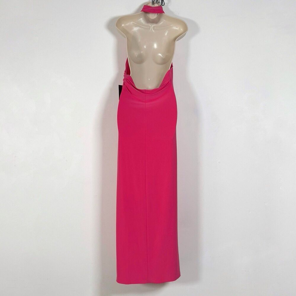 Norma Kamali Halter Turtleneck Side Slit Gown Maxi Dress Sz L Rose Pink Stretch - Picture 5 of 14